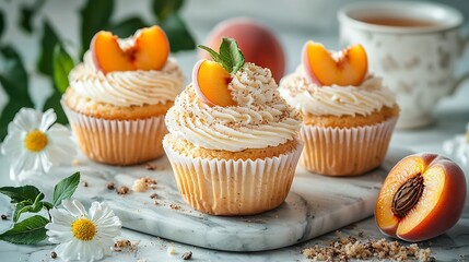 Muffins peach fruit cupcakes with cup of tea Marble background Close up : Generative AI