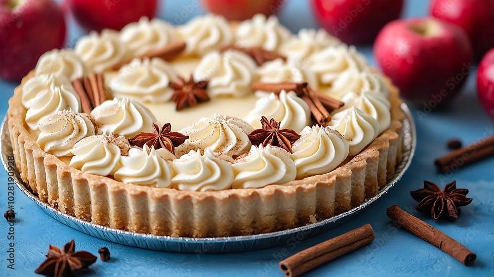 Poster Apple pie with cream and cinnamon sticks on a blue background Selective focus : Generative AI