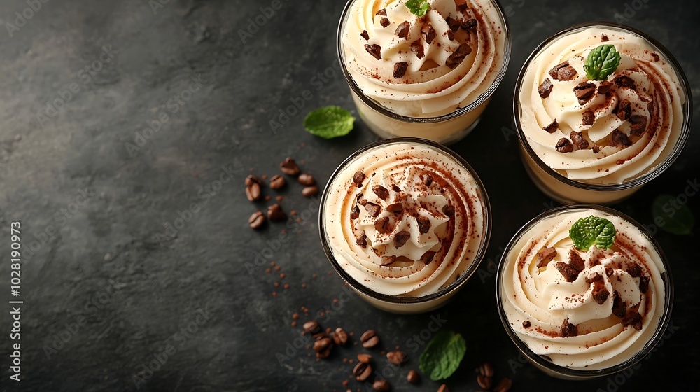 Poster tiramisu dessert in glasses dark grey background copy space top view : generative ai