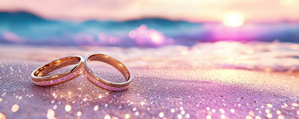 Gold wedding rings on sandy beach with sunset background, romantic atmosphere.