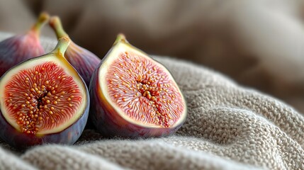 Roasted figs with porto caramel and with cardamonvanilla custard on a textile background Selective focus : Generative AI
