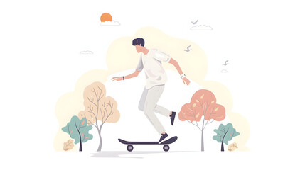 Obraz premium A flat illustration of an adult male character running on a skateboard, wearing a white T-shirt and white pants.