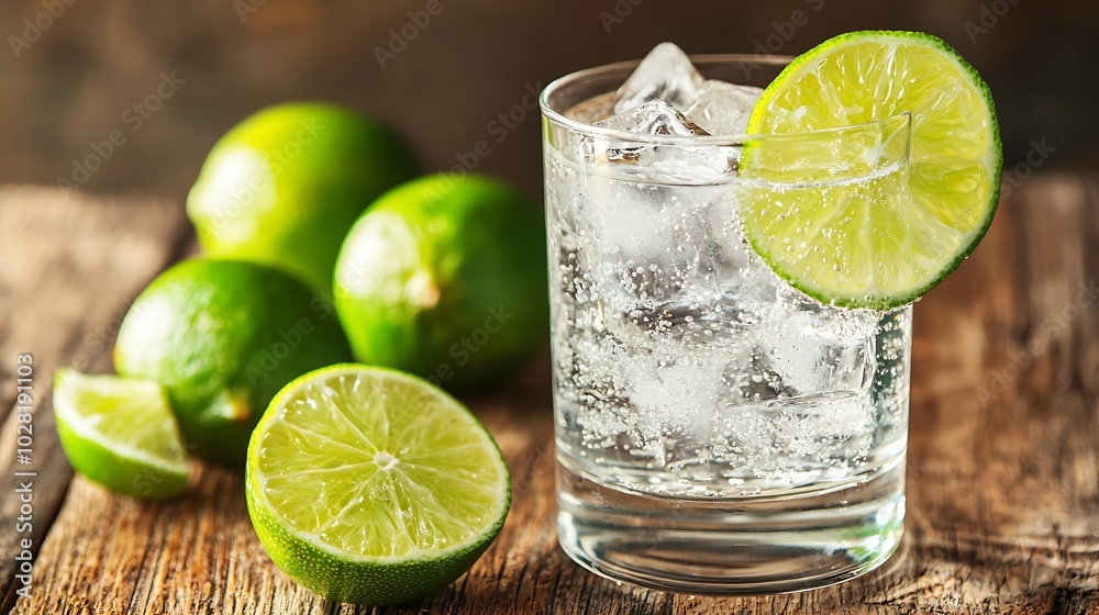 Poster Gin tonic in glass with ice and lime slice on a wooden background Selective focus : Generative AI