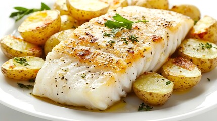 Roasted cod codfish with baked potatoes and artichokes with lemon and herbs sauce on a white background : Generative AI
