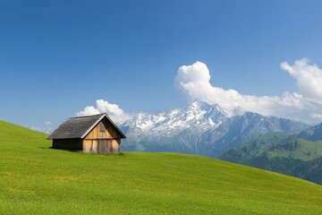 Obraz premium A rustic wooden cabin nestled in a lush green meadow with a breathtaking panorama of the snow-capped Alps, showcasing the beauty of nature and tranquility.
