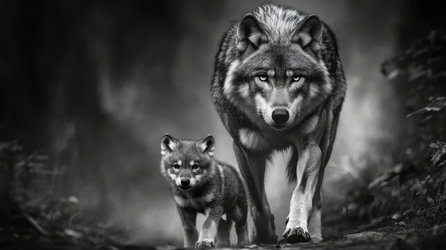 A powerful wolf strides confidently through the forest, its protective gaze fixed on its young cub, symbolizing family, strength, and the wild spirit of nature.