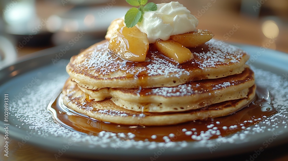 Poster buckwheat pancakes with poached apples and cream : generative ai