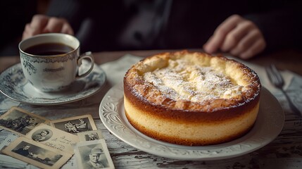 Traditional Hungarian Esterhazy cake with coffee cup and vintage postcards on a white wooden background Close up : Generative AI