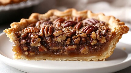 Pecan pie slice on a plate Grey background Close up : Generative AI