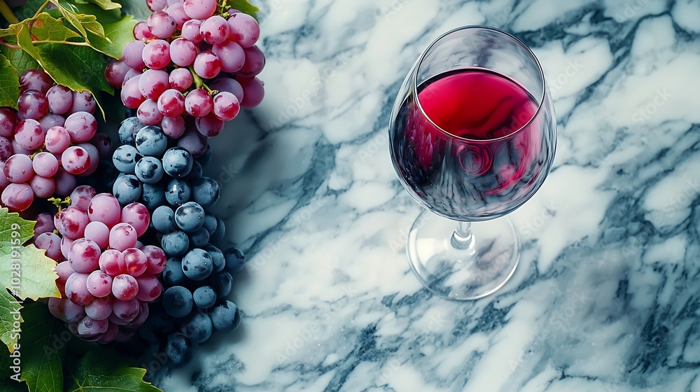 Aufkleber Red wine in glass with fresh grape on marble table background Top view Copy space : Generative AI