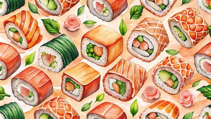 Watercolor seamless pattern featuring hand-drawn Japanese Philadelphia rolls with salmon, perfect for culinary art and food enthusiasts seeking unique and vibrant designs.