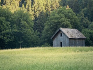 A rustic wooden barn surrounded by lush green grass and trees, set against a sunny countryside backdrop, evoking a peaceful rural charm.