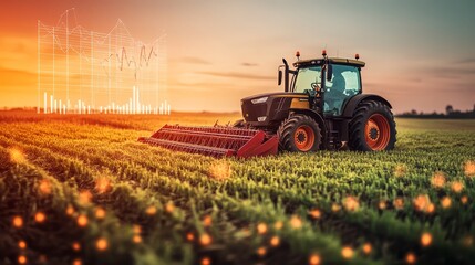 Fototapeta premium Agriculture Tractor Sunset Farm Field Growth Data Graph Chart Industry Business Technology Productivity