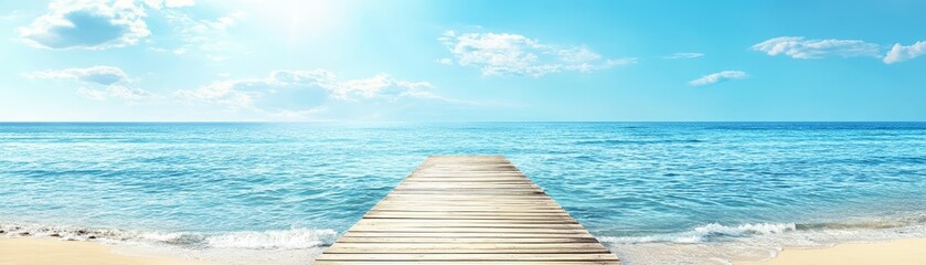 Fototapeta premium Wooden Pier Extending into Clear Blue Ocean with Sandy Beach and Clouds