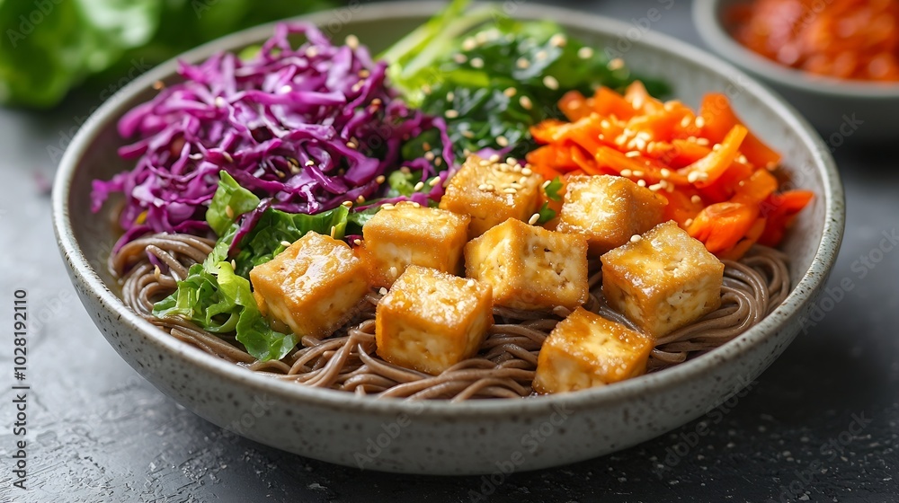 Aufkleber Soba noodles with vegetables and fried tofu in a bowl Grey background Top view : Generative AI