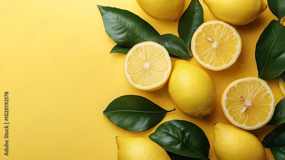 Poster fresh lemons background copy space top view : generative ai