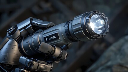 Top view of the flashlight is held in one hand by an anthropomorphic robot arm, Generative AI illustrations.