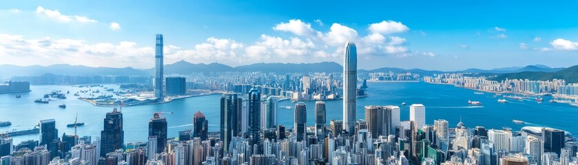 Obraz premium Hong Kong Skyline with Blue Sky and Clouds Aerial View