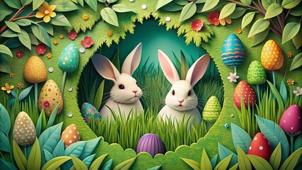 Wishing you a joyful Easter! Delight in our surreal photography featuring paper-cut style rabbits nestled among lush grass, capturing the essence of spring celebration.
