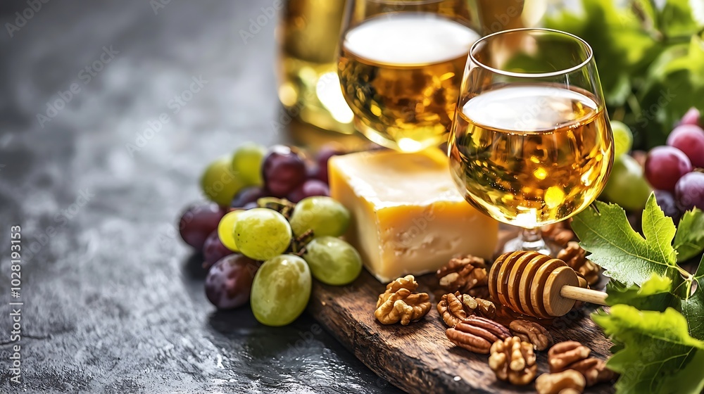 Poster Assortment of cheese with honey nuts and grape on a rustic cutting board wooden background : Generative AI