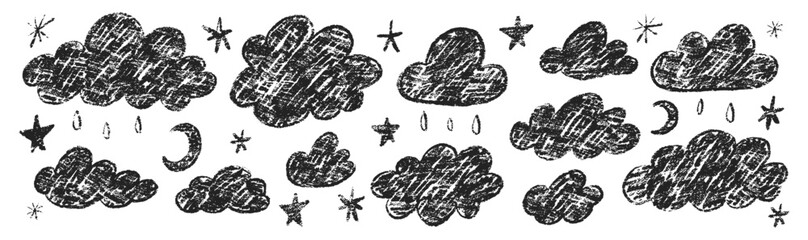 Set of crayon clouds. stars and drops. Hand drawn black vector kids crayon illustration isolated on white background.