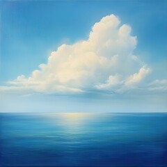 Obraz premium A serene ocean scene featuring calm waters and a soft, fluffy cloud under a clear blue sky.