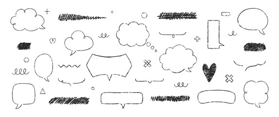 Set of hand drawn grunge crayon, charcoal, chalk speech bubbles, zigzag, heart and strikethrough. Outline text boxes with emphasis. Japan handwritten illustration on a white background.