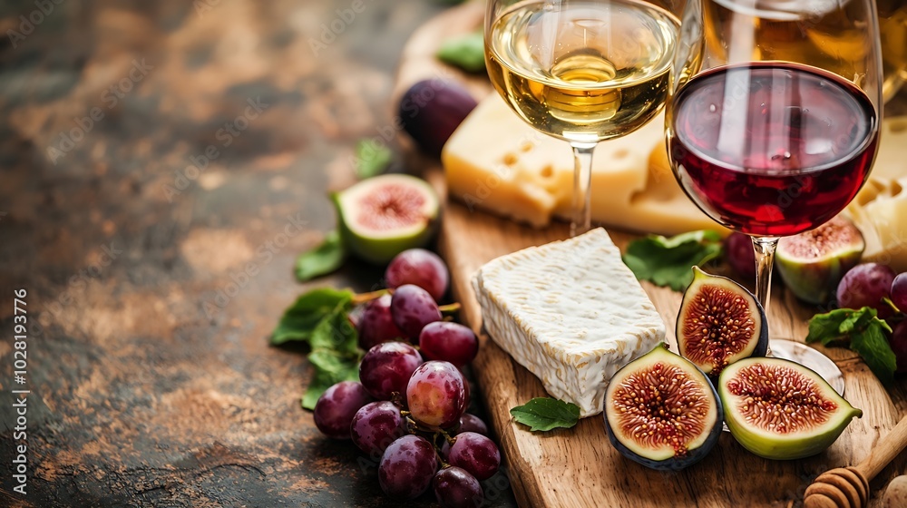 Poster grape cheese figs and honey with a glasses of red and white wine on a wooden background : generative
