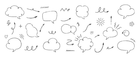 Set of text boxes and speech bubbles with crayon or chalk texture. Outline shapes and arrows. Japan handwritten illustration on a white background.