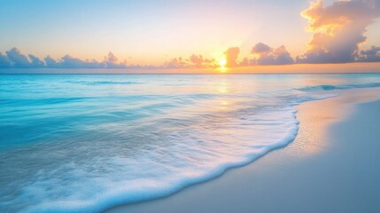 Fototapeta premium Crystal-clear turquoise waters meeting a white sandy beach, with a stunning sunrise casting vibrant colors across the horizon