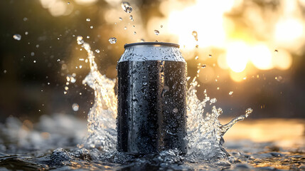 Refreshing Can of Drink in Water Splash.