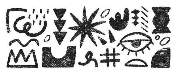 Hand drawn crayon doodles, squiggles, crown, arrow and eye. Abstract funky shapes and arrow with chalk texture. Childish vector illustration.