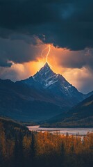 Obraz premium Dramatic mountain landscape featuring a striking peak illuminated by lightning against a moody sky and tranquil lake.