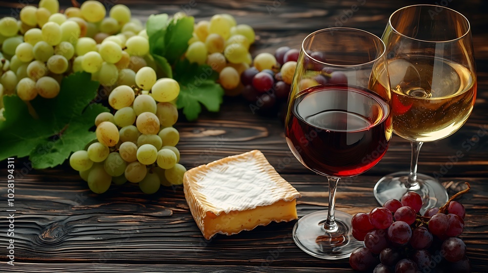 Aufkleber assortment of cheese grapes with red and white wine in glasses wooden background top view : generati