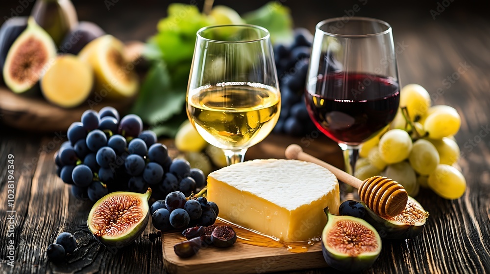Poster cheese grape figs and honey with a glasses of red and white wine on a wooden background : generative