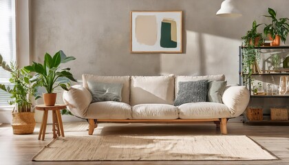 Elegant and comfortable designed beige living room with a big sofa