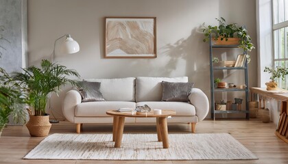 Obraz premium Elegant and comfortable designed beige living room with a big sofa