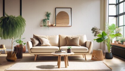 Elegant and comfortable designed beige living room with a big sofa