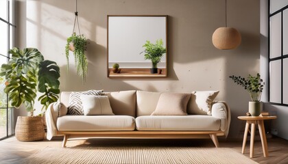 Elegant and comfortable designed beige living room with a big sofa