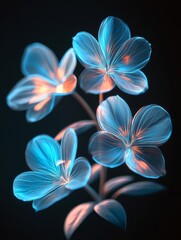 Ethereal Blue Flowers: A mesmerizing display of four delicate flowers, each with a glowing blue hue and intricate details, set against a dark background, symbolizing beauty, fragility, nature, magic, 