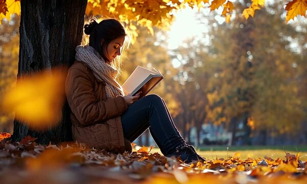 A person reading under a tree surrounded by autumn leaves in a serene park setting.