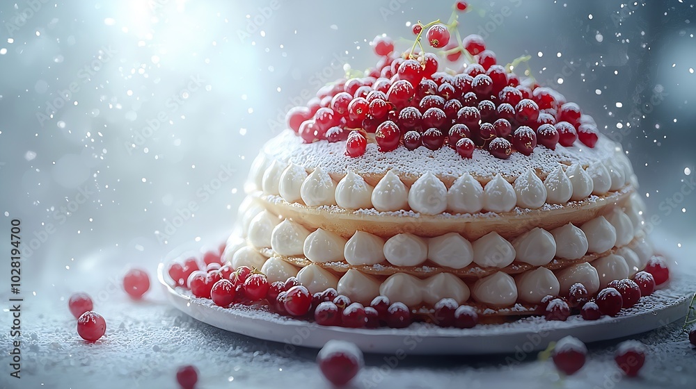Poster belgian waffles with fresh red currant berries grey background close up : generative ai
