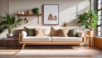 Elegant and comfortable designed beige living room with a big sofa