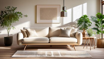 Fototapeta premium Elegant and comfortable designed beige living room with a big sofa