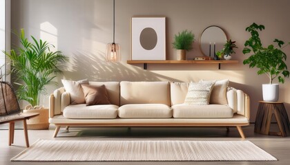 Elegant and comfortable designed beige living room with a big sofa