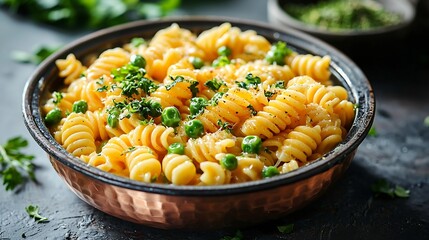 Pasta with green vegetables and creamy sauce in copper saucepan Grey background : Generative AI
