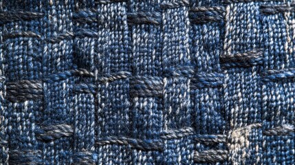 Close-up of Blue and Gray Knit Fabric with Interwoven Threads