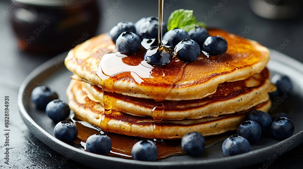 Poster pumpkin pancakes with maple syrup and blueberries on a plate grey stone background top view copy spa