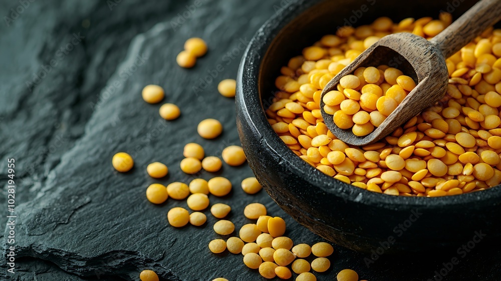 Poster yellow lentil in black bowl and scoop on slate background copy space : generative ai