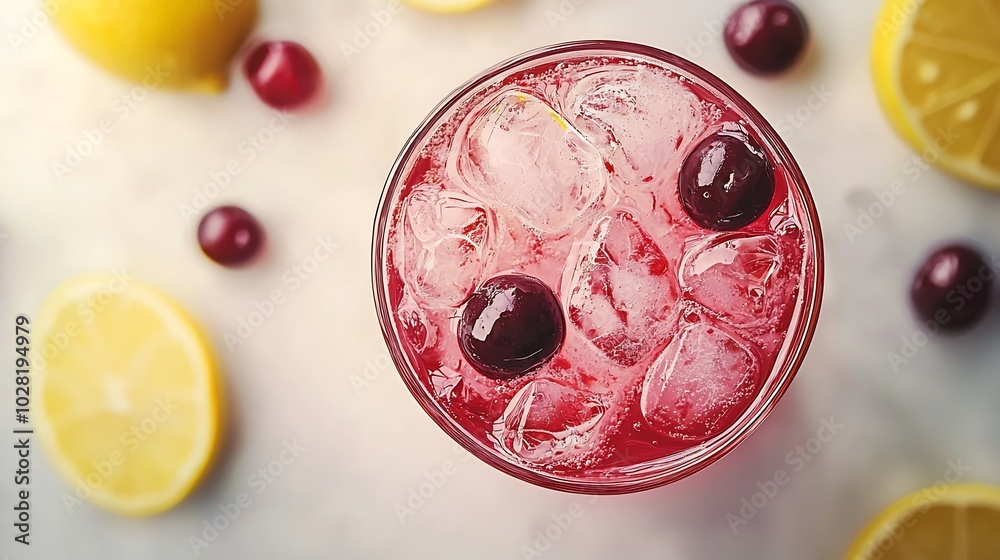 Poster cherry limeade lemonade cola cocktail in a tall glass on a white background top view copy space : ge